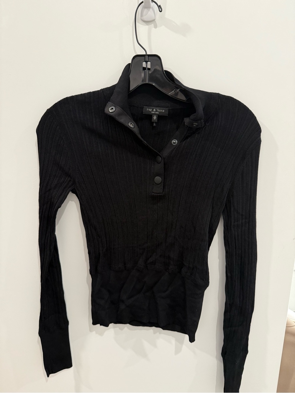 rag & bone Black Ribbed Snap-Front Long Sleeve Top